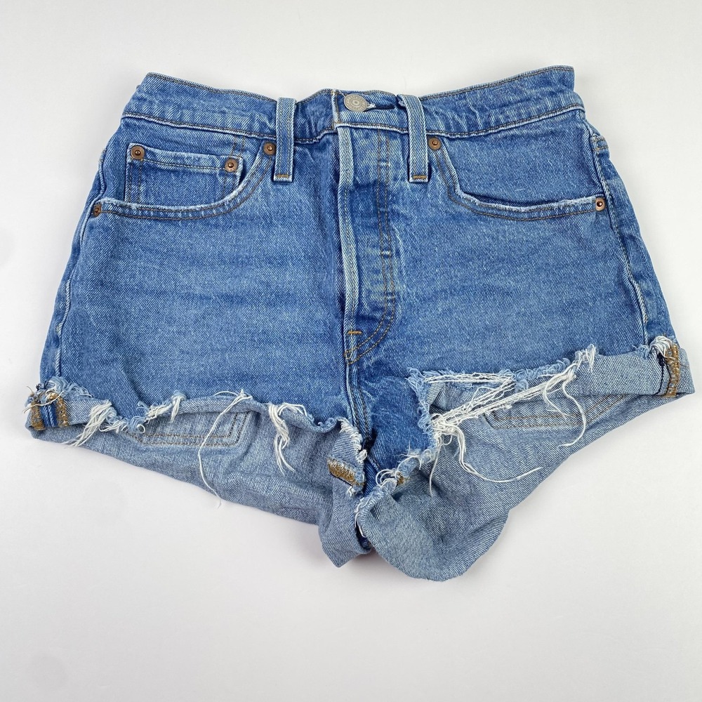 Levi's 501 Shorts Womens 26 Blue Denim High Rise Cutoff Frayed Hem 56327-025